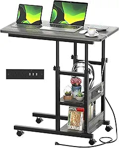 Armocity C Shaped End Table Height Adjustable - Couch Side Table with Charging Station, TV Tray with Wheels Slide Under Sofa for Wall Shelf with Hooks for Bedroom, Bathroom, Living Room, Grey