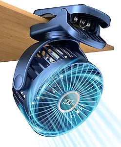 buywoo Portable Mini Personal Fan, Small Rechargeable Battery Powered Stroller Fan for Desk, Strong Clamp Grip, 360 Rotation, 3-Speed, LED Display, Clip On Cooler for Bed, Golf Cart, Office, Blue