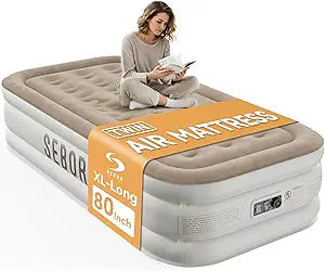 Sebor Air Mattress with Built-in Pump, Comfortable Self-Inflating Air Mattress with High-Speed Pump, Durable Blow Up Mattress Twin with Storage Bag for Guest, Camping (Khaki White, 18" Twin XL)