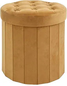 CAROLMADE Round Storage Ottoman,Velvet Folding Footrest Stool with Thicker Foam Padded Seat,Versatile Vanity Stool for Living Room,Bedroom or Dorm,Orange