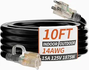 PlugSaf 14/3 Gauge 10 FT Extension Cord Outdoor, Heavy Duty Extension Cord