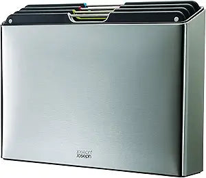 Joseph Joseph Folio 4-Piece Colour coded Cutting Board Set, Stainless Steel Slimline case for organized Kitchen storage, Silver