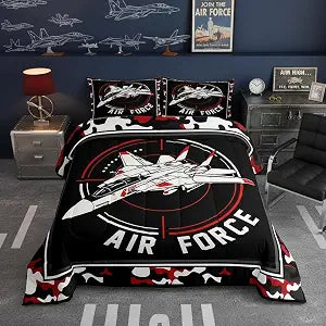 Homewish Aircraft Comforter Set Full Size,Kids Red Black Army Camo Bedding 3Pcs,Fashion Room Decor,Cartoon Airplane Quilt Modern Geometric Lines Duvet Insert,2 Pillowcases(ZZRS2779ZMD-BZ_USF)