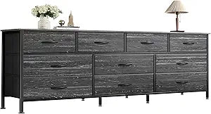 Huuger 63 Inch Dresser for Bedroom, Long Dresser with 10 Fabric Drawers, Large TV Stand for 55, 65, 70 Inch TV, Toy Storage Organizer for Closet, Charcoal Black Wood Grain Print