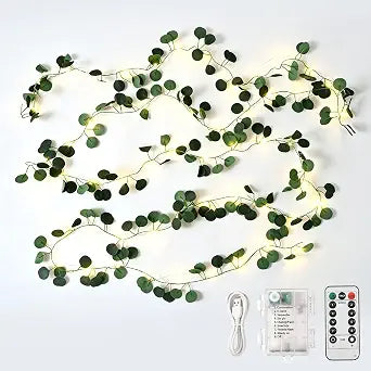 16 FT Eucalyptus Vine with LED Fairy Lights, Remote, USB & Battery Powered