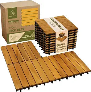Acacia Wood Interlocking Deck Tiles, Patio & Backyard Tile, 12 in, 9 PCS