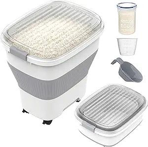 HOYTAMDAR 20-50Lbs Rice Container,Collapsible Food Storage Containers with Airtight Clear Lid,Wheels,Rice Storage Container with Small Bin and Scoop,Rice Dispenser for Flour Sugar Cereal Grain Dog Cat