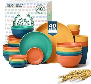 Homienly 40-Piece Unbreakable Wheat Straw Dinnerwave Sets Plates and Bowls Sets for Kitchen, RV, Dorm, Lightweight Camping Dishes Set, Service for 8, Microwave and Dishwasher Safe Dish Sets (Multi)