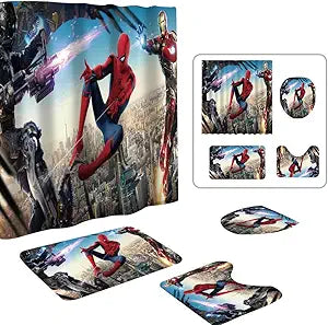 Cute Spidey Shower Curtain Set 4 Piece with Non-Slip Rugs, Toilet Lid Cover and Bath Mat Cartoon Bathroom Decor 72 x 72inch (Spider)