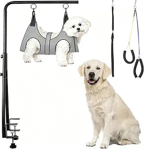Adjustable Dog Grooming Arm with Dual Clamp, 3142 Height | Dog Grooming Table Arm with Hammock and No-Sit Holder, Grooming Restraint for Small Medium Dogs at Home or Salon