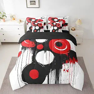 Feelyou Boys Girls Black Red Comforter Set with Sheets Queen Size, Geometric Circle Bed in a Bag 7 Pieces Kids Modern Art Bed in a Bag Set Teens Bedroom Decor 7Pcs