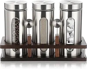 Suclain Stainless Steel Coffee Grounds Canisters with Shelf 3 x 50oz Sugar Coffee Bean Storage Container with Airtight Threaded Lid Glass Window Scoop Kitchen Jar Set for Bar Creamer Nut Tea