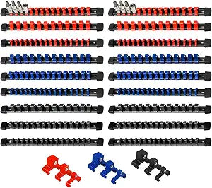 AMM 18-Piece Socket Organizer, 1/2 inch, 3/8 inch and 1/4 inch Drive ABS Tools-Socket Holder,Heavy Duty Socket Racks, Premium Quality Socket Clip Rail Holder,The best tool trays in the garage