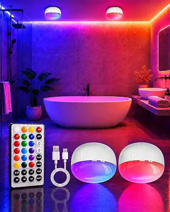 LYTARA Rechargeable Shower Light, 4 Round, 300LM Bright, 4000mAh Waterproof Shower Lamp with Remote, 15 RGB Colors & 3 CCT White, Dimmable Cordless LED Bathroom Light, Magnetic Mount Mood Lighting