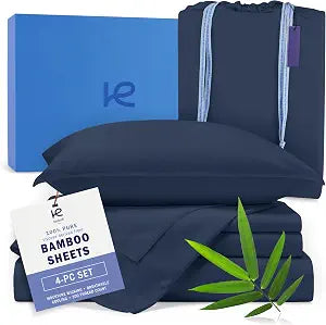 Kickoff Viscose Bamboo Sheets King Size 4-pc 100% Organic Bamboo Viscose Bed Cooling Sheets King Size Set Cool Bedding for hot Sleepers Sheet Set - Gift Ready Packaging (Navy, K)