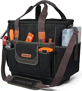 WELKINLAND 50-Pocket Electrician Tool Tote, Large Hard Bottom Tool Bag, Waxed-Canvas Tool Tote For Electrician, Heavy-Duty HVAC Service Bag, Easy-Access Open Top Tool Bag, Stay-Up Technician Tools Bag