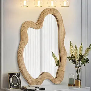 AAZZKANG Asymmetrical Wooden Wall Mirror, Rustic Irregular Wall Mount Mirror 28"x20" Vanity Mirror for Bathroom, Bedroom, Living Room, Hallway