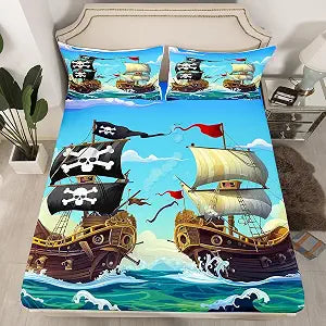 Erosebridal Sailboat Bedding Set Sailing Ship Fitted Sheet Ocean Wave Nautical Sheet Set for Kids Boys Girls Cartoon Pirate Ship Bed Cover Red Blue Child Room Decor with 1 Pillow Case Twin Size