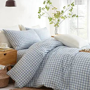 Cotton Blue White Gingham Queen Duvet Cover Set 3pcs 90"x90"