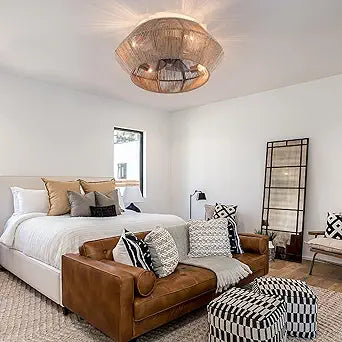 18.5 inch Boho Caged Ceiling Fan with Lights, Low Profile Rattan Ceiling Fans Flush Mount Lighting Fixture, 6-Speed Wind Ceiling Fan with Remote Control for Bedroom, Living Room,Kitchen