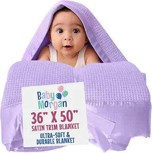 Waffle Crib Baby Blanket Soft Thermal Satin-Trimmed Nursery Throw with Silky Texture, Cozy Waffle Design for Girls or Boys, Ideal for Gifting and Baby Showers (Lavender, 36x50 Inches)