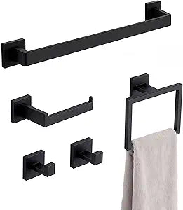5 Pieces Matte Black Bathroom Hardware Accessories Set, 23.6 Inch Stainless Steel Towel Bar Set, Wall Mount Toilet Paper Holder, Towel Holder, Towel Hooks for Bathroom