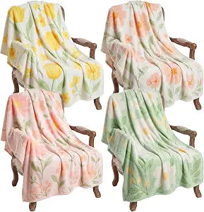 Buryeah 4 Pcs Summer Floral Throw Blankets Flower Flannel Throws Soft Cozy Lightweight Decorative Blankets for Couch Sofa Home Aesthetic Gifts, 40 x 50 Inch