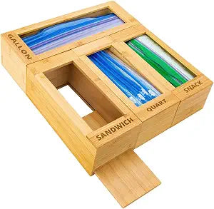 mHomeAid Bag Storage Organizer - Bamboo Food Plastic Baggie Holder, Dispenser, and Container for Kitchen Drawer - Fits Ziplock and Ziploc Gallon, Quart, Sandwich & Snack Sized Slider Bags (Bamboo)