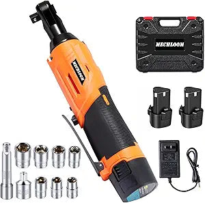 3/8" Cordless Electric Ratchet Wrench Kit for Car Repair and DIY, 12V Battery Powered Ratchet with 45 Ft-lb/60 Nm Torque, 320 RPM, LED Light, 2 Batteries, 7 Sockets, Extension Bar and Case