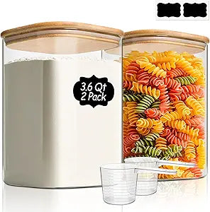 ComSaf 3.6 Qt Glass Food Storage Containers Set of 2, Large Storage Containers with Lids, Square Glass Jars with Lids, for Flour and Sugar, Cereal, Rice, Pasta, Oats, Coffee Beans