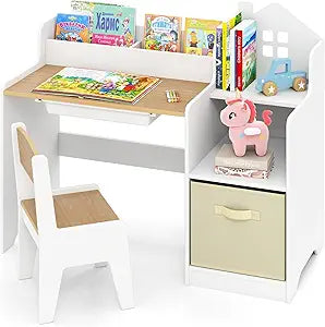 INFANS Kids Table and Chair Set, Toddler Art Craft Play Wood Activity Desk with Chairs Storage Canvas Bin for Writing Drawing, Children Furniture for Daycare Nursery Boys Girls 3+