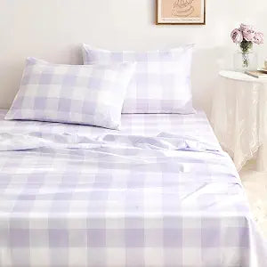 Wake In Cloud - Gingham Bed Sheets, 4-Piece Sheet Set, Cute Plaid Buffalo Check Checker Geometric Aesthetic Bedding, Deep Pocket, Light Purple, Queen Size