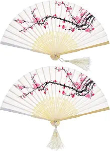Hotop 2 Pieces Handheld Silk Folding Floral Fans, Cherry
