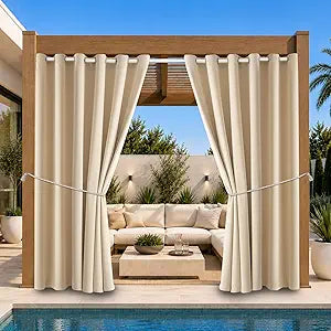 Waterproof Outdoor Curtain W84 x L84 - Grommet Top Sunlight Blocking Window Treatment Drapes Blackout Curtains for Home Bedroom Living Room Patio Porch Cabana Gazebo (Beige, 2 Panels)