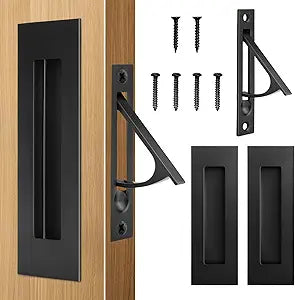 HBL' 2 Pack | Pocket Door Hardware Set 4 Recessed Flush Finger Pulls & 2 Edge Pull, Made of 304 Stainless Steel, Template Included, Black.