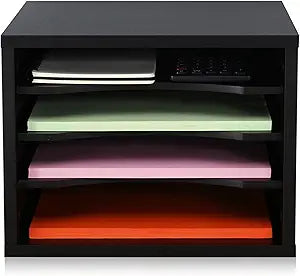 FITUEYES Wood Desk Paper Organizer with 4 Tiers Storage, Desktop File Holder, Document Letter Sorter Tray with Adjustable Shelves, Home Office Wooden Mail Rack, Black