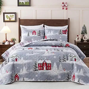 3 Piece Christmas Quilts King Size Christmas Tree Bedding Set, 90" x 104"