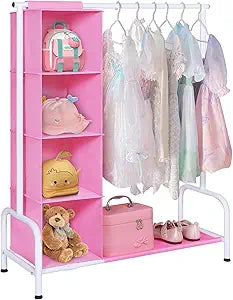 Univivi 43" Tall Kids Clothing Rack, Toddler Dress Up Storage with Hanging Organizer Sturdy Metal Baby Closet, Space-Saving for Nursery & Bedroom, Pink/White