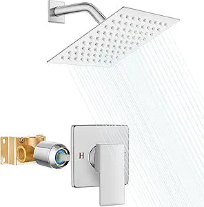 Heyalan Shower Faucet Set with Valve, Bathroom Rainfall Shower System, Wall Mount Single Handle Shower Trim Kit, Rainfall Fixed Shower Head, 8 Inch Square Shower Head,Polished Chrome