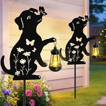 Solar Lights Outdoor, 2 Pack Metal Dog Solar Lights, Birthday Gifts for Women Mom Mother's Day, Waterproof Metal Hanging Lantern Stakes Garden Decor Outside Patio Yard Pathway Backyard,Lawn