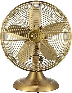 Good Housekeeping 92613 All-Metal 12" Retro Desk Office Table Fan with Wide Oscillation, 3-Speed Settings & Carrying Handle, Satin Brass