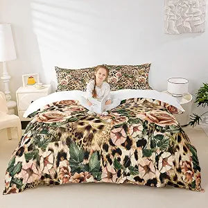 Leopard Print Duvet Cover Set King,Cheetah Rose Bedding Set 3pcs for Kids Teens Girls Adults Room Decor, Floral Wild Animal Comforter Cover Fashion Brown Quilt Cover with 2 Pillowcases