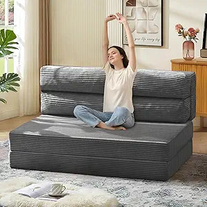 JUIKURY Folding Sofa Bed, Convertible Sleeper Chair with Pilow Foldable Matress, 2 in 1 Pull Out Loveseat Sofa Portable Fold Out Chair Bed Floor Couch Lounge for Living Room Bedroom (Grey, Full)