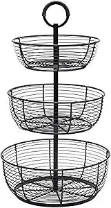 Gourmet Basics by Mikasa Round Wrap 3-Tier Metal Floor Standing Fruit/Home Storage Basket, Easy Assembly, Antique Black