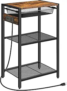 HOOBRO Tall Side Table with Charging Station, Industrial Telephone End Table with Pull-Out Metal Storage Drawer, Tall Slim Nightstand for Living Room, Bedroom, Office, Rustic Brown BF06UDH01