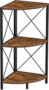 Snughome Corner Shelf with Metal Frame, 3 Tier Rustic Corner Storage Organizer, Freestanding Corner Bookshelf Stand Display Rack for Kitchen, Living Room