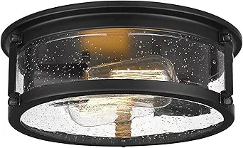 Black Flush Mount Ceiling Light, 2-Light Metal Cage Ceiling Light Fixture, Industrial Farmhouse Flush Mount Light with Seeded Glass Shade for Kitchen, Hallway, Bedroom (12 Inch)