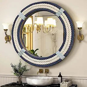 Nautical Round Rope Mirror - White Twisted Rope Wall Hanging Mirror, Rustic Boho & Coastal Farmhouse Dcor for Bathroom, Bedroom, Nursery, or Entryway