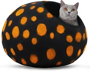 Woolygon Premium Felt Cat Cave Bed Wool Kitty Beds Handcrafted Kitten Caves Bed for Indoor Cats - Made from Merino Wool, Foldable Cat Hideaway Covered Cat House Pod (Black Polka)