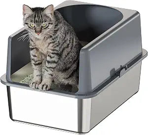 Booche High-Sided Stainless Steel Cat Litter Box,Stainless Steel Litter Box with Lid,Extra Medium Box,Easy-to-Clean Metal Litter Pan for Cats (20''L X 14''W X 12''H with Enclosure)